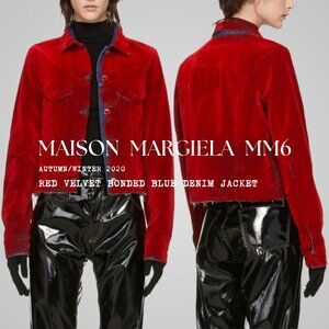 MAISON MARGIELA MM6 Red Velvet Bonded Blue Cotton Denim Jacket Sz IT 40